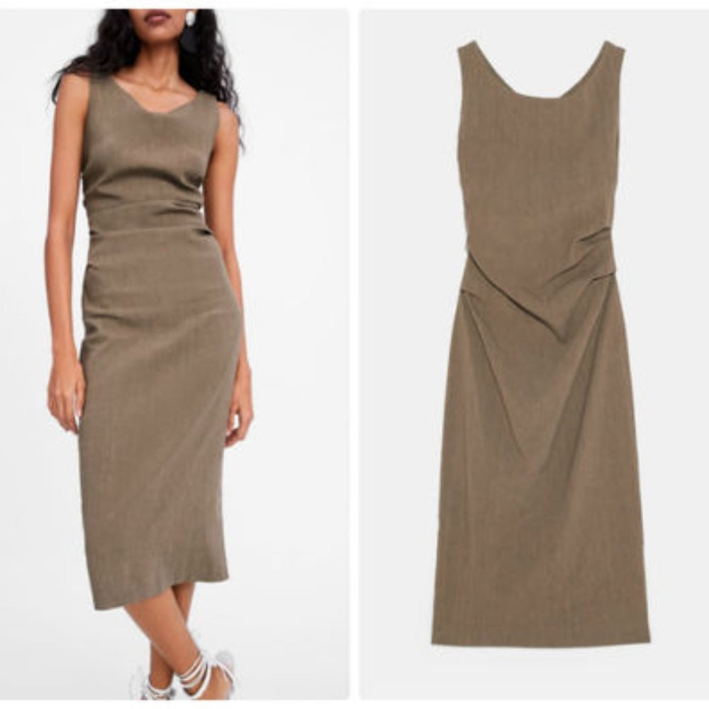 ZARA LINEN STRETCH MOCHA RUCHED PENCIL DRESS